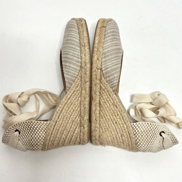 Soludos Tan White Stripe Ankle Wrap Espadrille Wedge Heels 10 - Picture 5 of 8